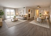 Thumbnail 4 of 19 - A well-lit, spacious living room with a dining area and a flat-screen TV.