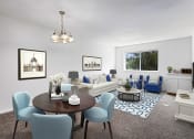 Thumbnail 1 of 15 - living room at Creekside at Tasker's Chance in Frederick, MD with dining area with four chairs, couch, chairs, coffee table, cabinet storage and area rug