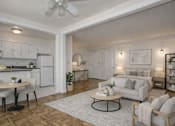Thumbnail 4 of 18 - A modern living room with a dining table and a couch.