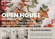 Thumbnail 37 of 37 - A flyer advertises an open house event for affordable apartments at the University Landing community, offering discounted rents and free move-in for those who apply during the open house.