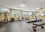 Thumbnail 9 of 29 - A gym with treadmills, elliptical machines, and weights.
