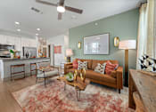 Thumbnail 13 of 44 - A living room with a brown couch, a coffee table, and a rug.
