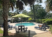 Thumbnail 1 of 16 - A pool surrounded by trees and a picnic table.