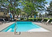 Thumbnail 1 of 22 - A swimming pool surrounded by trees and lounge chairs.