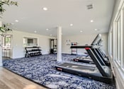 Thumbnail 10 of 15 - a home gym with a treadmill and weights on a blue rug