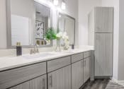 Thumbnail 25 of 32 - a bathroom with gray cabinets and white countertops at Century University City, Charlotte, North Carolina