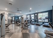 Thumbnail 54 of 62 - A gym with a variety of equipment including treadmills, stationary bikes, and weight machines.