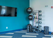Thumbnail 36 of 36 - A gym room with a blue wall and exercise equipment.