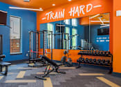 Thumbnail 19 of 36 - A gym with a blue and orange color scheme and a sign that says "TRAIN HARD".