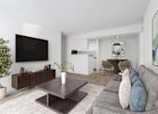 Thumbnail 5 of 18 - A modern living room with a grey couch and a wooden coffee table. at Grove at St. Andrews, South Carolina