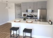 Thumbnail 3 of 21 - A kitchen with a white island and black stools.
