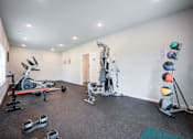 Thumbnail 10 of 31 - A gym with a variety of equipment including weights and exercise machines.