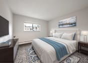 Thumbnail 8 of 18 - A bedroom with a large bed and a painting on the wall.