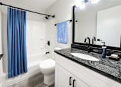 Thumbnail 11 of 18 - A bathroom with a blue shower curtain and a white toilet.