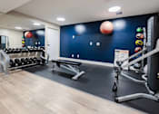 Thumbnail 15 of 18 - A gym with a row of treadmills and a rack of dumbbells.