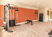 Thumbnail 3 of 24 - a home gym with a red wall and exercise equipment