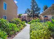 Thumbnail 2 of 18 - a sidewalk in front of a building with bushes and plants