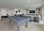 Thumbnail 2 of 15 - a games room with a blue pool table in the middle of a room