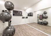 Thumbnail 28 of 30 - A room with a wooden floor and a wall of exercise balls.