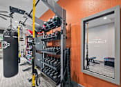 Thumbnail 23 of 30 - a gym with a punching bag and weights on a rack next to a mirror at The Aster Sugar Land, Texas, 77498
