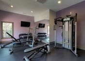 Thumbnail 19 of 36 - a home gym with weights and a tv on the wall at Autumn Park Apartments, Charlotte, NC, 28262