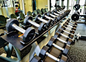Thumbnail 21 of 25 - A gym with a row of dumbbells and weight plates.at Carson Street Towers, Overland Park, 66223