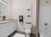 Thumbnail 10 of 42 - Bathroom with white vanity and tub shower combo at Alden Place at South Square Apartments, North Carolina