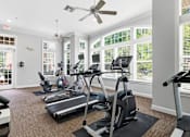 Thumbnail 24 of 29 - A gym with treadmills, elliptical machines, and a fan.