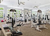 Thumbnail 23 of 29 - A gym with a variety of equipment including treadmills, weights, and exercise machines.