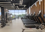 Thumbnail 19 of 41 - a row of cardio machines in a gym with a window at Deca Apartments, Greenville, 29601