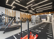 Thumbnail 17 of 41 - a gym with cardio equipment and weights on the floor at Deca Apartments, Greenville, 29601