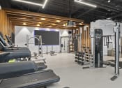 Thumbnail 18 of 41 - a gym with treadmills and weights and a tv on the wall at Deca Apartments, South Carolina