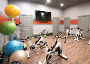 Thumbnail 10 of 31 - A gym with exercise equipment and exercise balls.