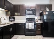Thumbnail 1 of 34 - a black and white kitchen with black appliances and black cabinets at Legends at Chatham Apartments, Savannah