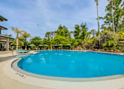 Thumbnail 27 of 58 - A large blue swimming pool surrounded by trees and a building.