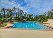 Thumbnail 41 of 58 - A large swimming pool surrounded by trees and a clear blue sky.