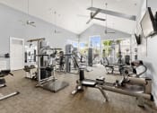 Thumbnail 22 of 31 - a gym with weights and cardio machines and a tv at The Ridge at Chenal Valley, Little Rock, Arkansas