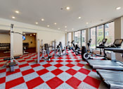 Thumbnail 11 of 15 - A gym with a red and white checkered floor.