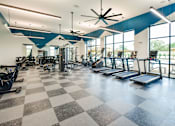 Thumbnail 17 of 29 - A gym with a variety of equipment including treadmills, weights, and exercise machines.