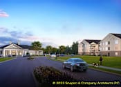 Thumbnail 1 of 8 - A car is driving down a street past a building with a dog on a leash at Grays Creek Apartments, Cordova, TN