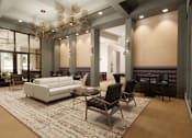 Thumbnail 4 of 8 - A modern living room with a white sofa and wooden chairs at Grays Creek Apartments, Cordova, TN