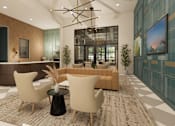 Thumbnail 3 of 8 - A modern living room with a large sofa, two chairs, and a coffee table at Grays Creek Apartments, Cordova, 38018