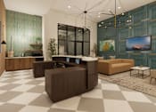 Thumbnail 6 of 8 - A modern living room with a black and white checkered floor at Grays Creek Apartments, Cordova, TN, 38018