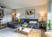 Thumbnail 10 of 38 - A living room with a grey couch and a painting on the wall.at Iris Luxury Apartments, Tennessee  