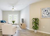 Thumbnail 12 of 30 - A living room with a white sofa, a television, and a plant.