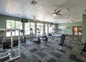 Thumbnail 18 of 30 - A gym with a variety of equipment including treadmills, weights, and exercise machines.