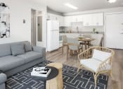 Thumbnail 2 of 10 - Living room with a view of the kitchen with hardwood flooring