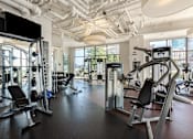 Thumbnail 18 of 42 - A gym with a variety of equipment including a squat rack, bench press, and a cable machine.