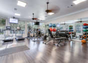 Thumbnail 18 of 23 - Apartments for Rent in North Austin, TX - Sycamore Springs - Fitness Center with Cardio Machines, Mats, Weights, Large Mirrors, Many Windows, Ceiling Fans, Wood-Style Flooring, and a TV