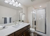 Thumbnail 8 of 16 - bathroom with large mirror, walk in shower, granite countertops and extra vanity space